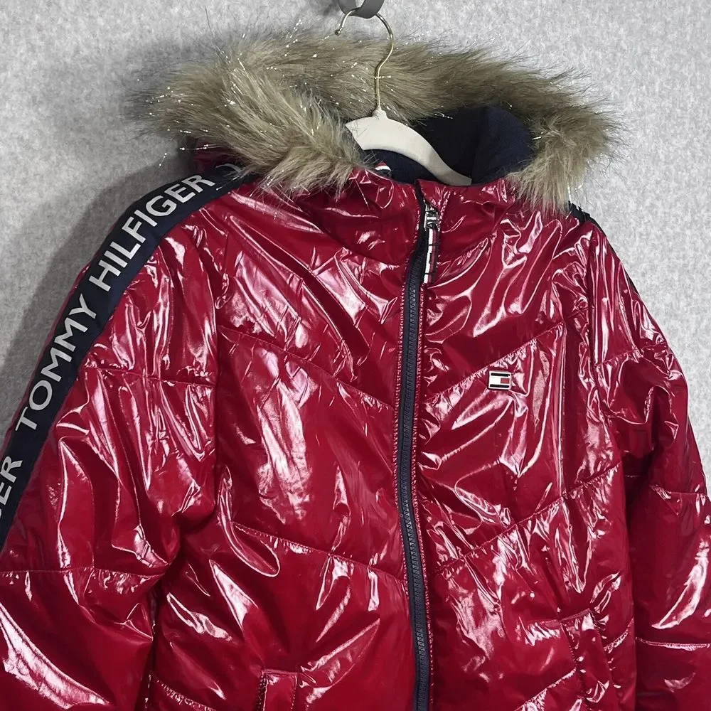 Tommy Hilfiger Girls Puffer Jacket 12/14‎ Lg Red High Shine Chevron Scarlet Logo